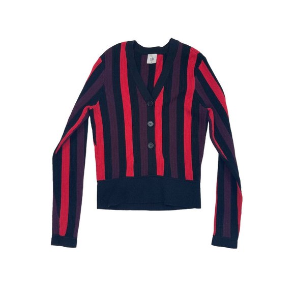 -CAbi #3538 Royal Striped Pullover Sweater Women M Red Black Purple Button Front - Picture 3 of 5